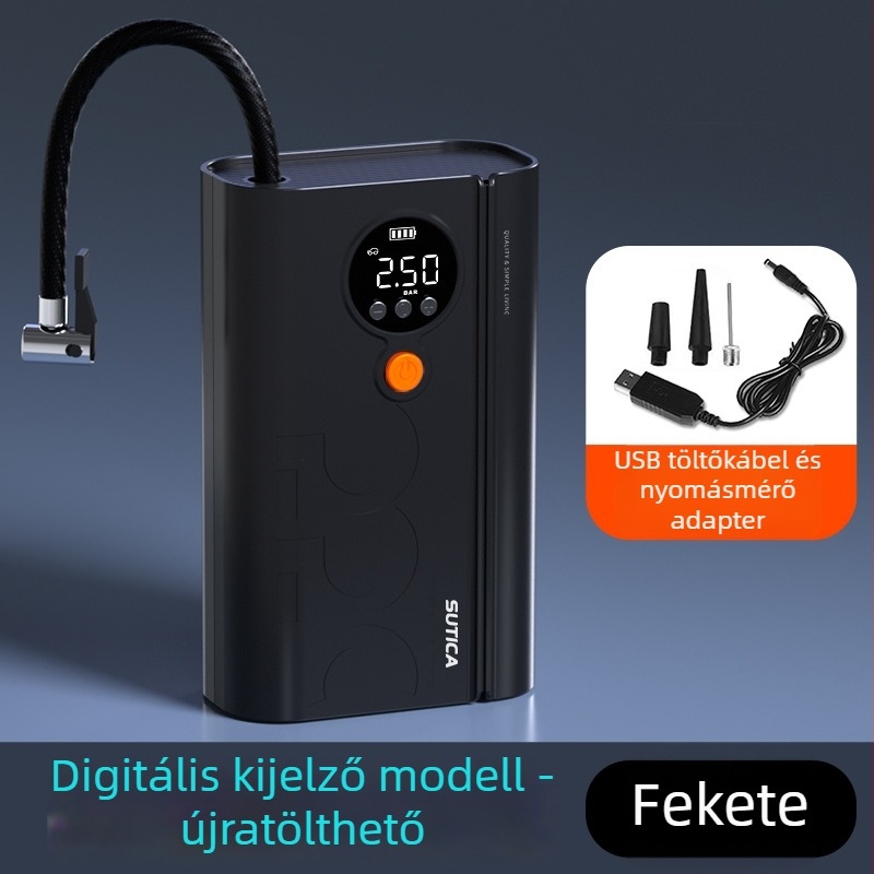 Vezeték nélküli autó légpumpa digitális kijelzővel és keréknyomás-mérővel | 12V, 120W, ABS ház, USB vagy cigaretta-gyújtó tápellátás, 3 m/1 m hosszú kábel, egyhengeres kialakítás