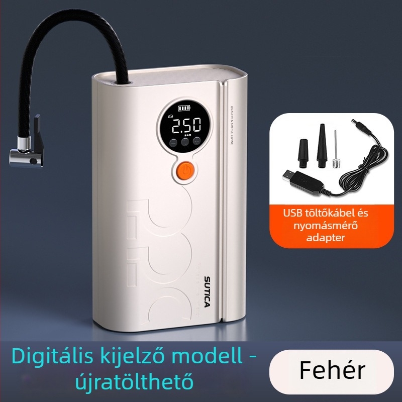 Vezeték nélküli autó légpumpa digitális kijelzővel és keréknyomás-mérővel | 12V, 120W, ABS ház, USB vagy cigaretta-gyújtó tápellátás, 3 m/1 m hosszú kábel, egyhengeres kialakítás