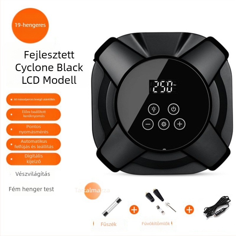 Hordozható autógumi fújó, 12V, 120W, 35 L/perc, Digitális kijelző, USB töltés