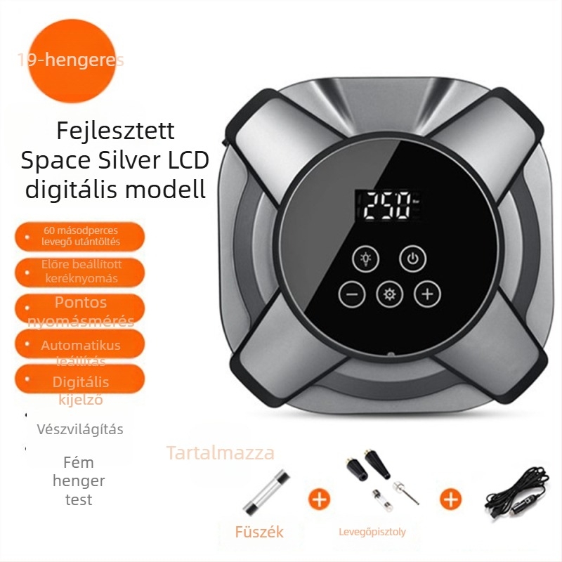 Hordozható autógumi fújó, 12V, 120W, 35 L/perc, Digitális kijelző, USB töltés