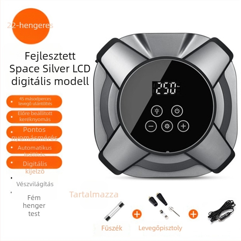 Hordozható autógumi fújó, 12V, 120W, 35 L/perc, Digitális kijelző, USB töltés