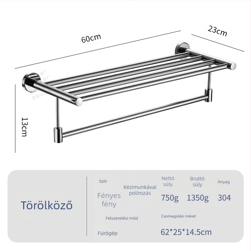 Rozsdamentes acél törölközőtartó, dupla réteg, csiszolt felület, korrózióálló, teherbírás 3–5 kg