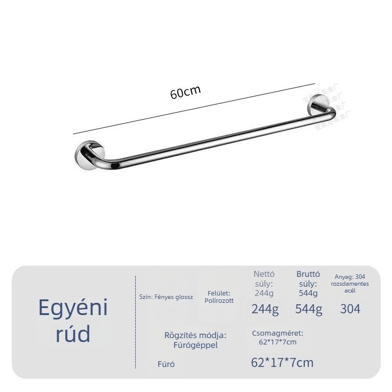 Rozsdamentes acél törölközőtartó, dupla réteg, csiszolt felület, korrózióálló, teherbírás 3–5 kg