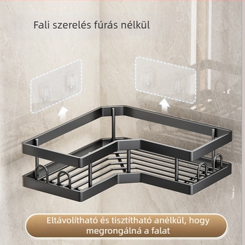 Szénacél háromszög alakú sarkos falipolc kampós rögzítéssel — 1 szint, fürdőszoba és kozmetikai tároláshoz