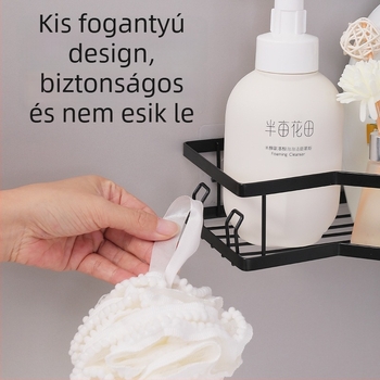 Szénacél háromszög alakú sarkos falipolc kampós rögzítéssel — 1 szint, fürdőszoba és kozmetikai tároláshoz