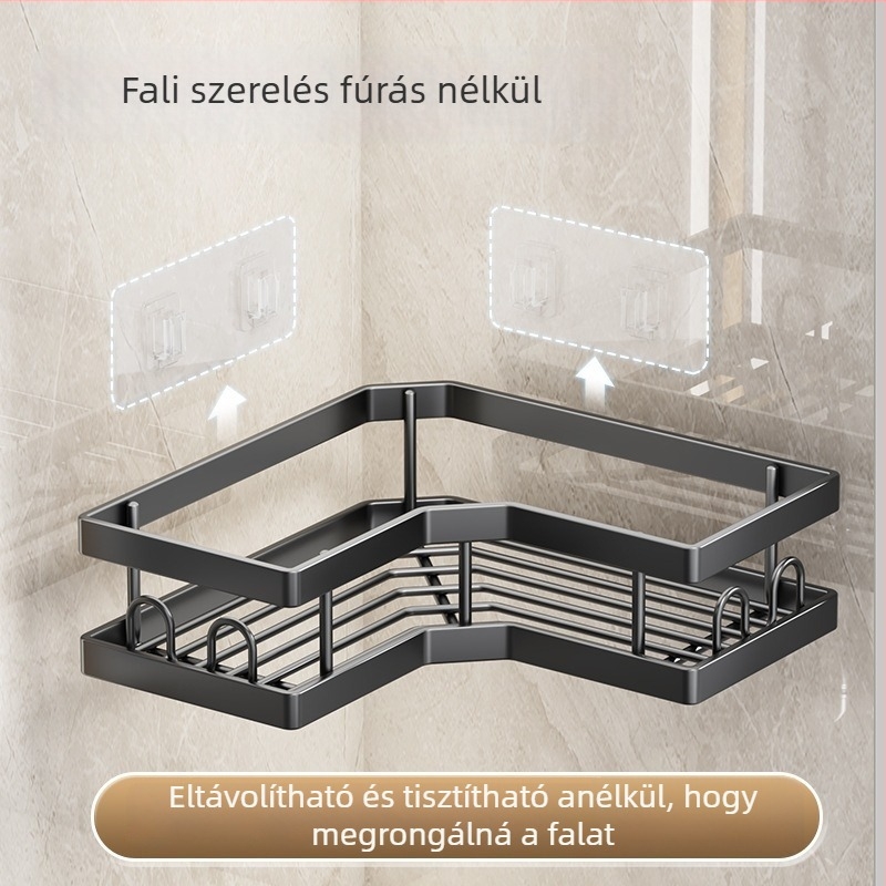 Szénacél háromszög alakú sarkos falipolc kampós rögzítéssel — 1 szint, fürdőszoba és kozmetikai tároláshoz