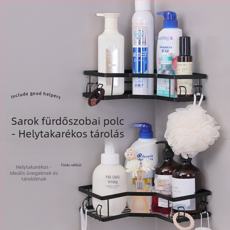 Szénacél háromszög alakú sarkos falipolc kampós rögzítéssel — 1 szint, fürdőszoba és kozmetikai tároláshoz