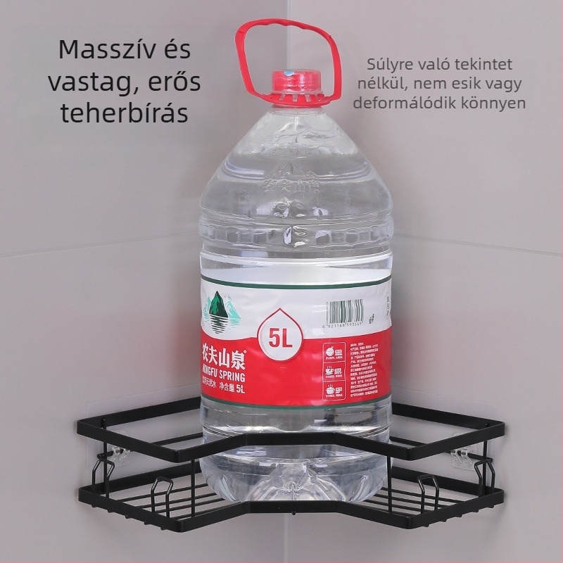 Szénacél háromszög alakú sarkos falipolc kampós rögzítéssel — 1 szint, fürdőszoba és kozmetikai tároláshoz