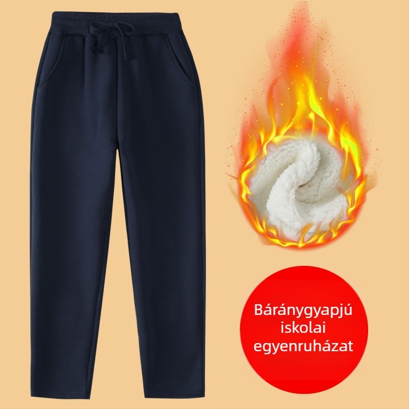 Gyerekek téli pamut sportnadrág fleece béléssel, középmagas derekú, elasztikus derékrész, egyszínű, iskolai egyenruhához