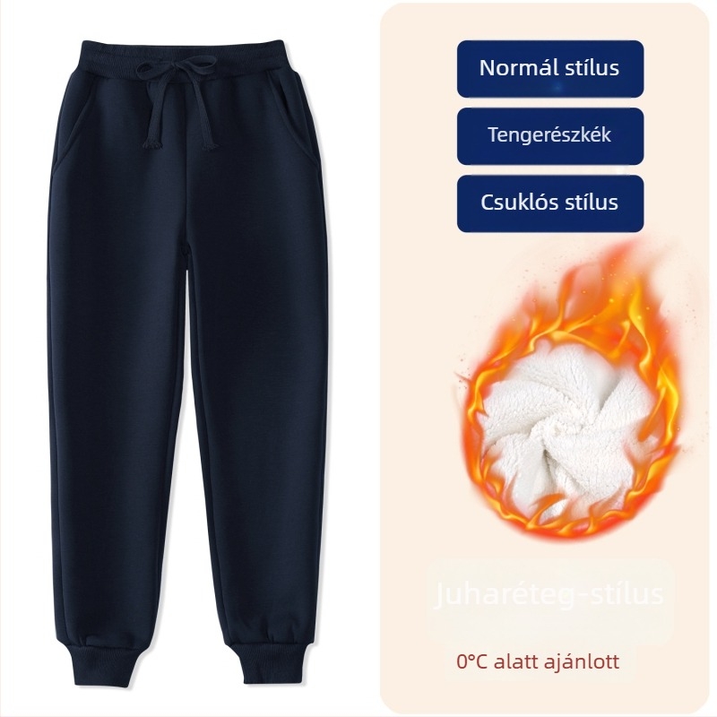 Gyerekek téli pamut sportnadrág fleece béléssel, középmagas derekú, elasztikus derékrész, egyszínű, iskolai egyenruhához