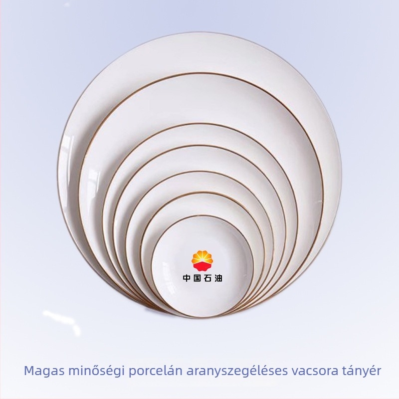 Csontporcelán szegélyes lapos tányérkészlet, kör alakú, fényes felület, mikróban nem használható
