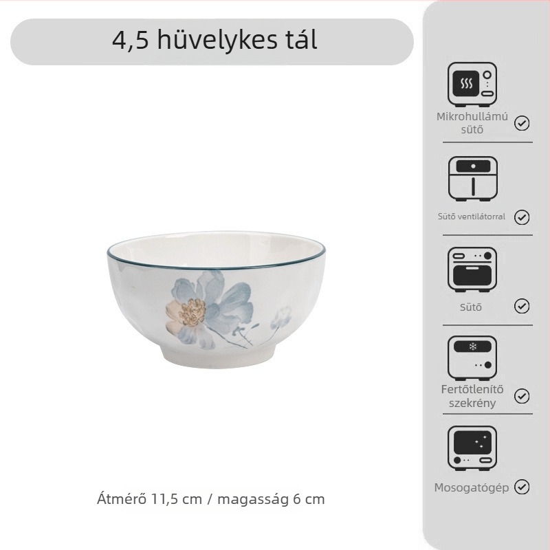 Japán-stílusú alulglazúros porcelán étkészlet virágos mintával – tálak, tányérok és tálkák; porcelán; mikróhullámú sütőben használható