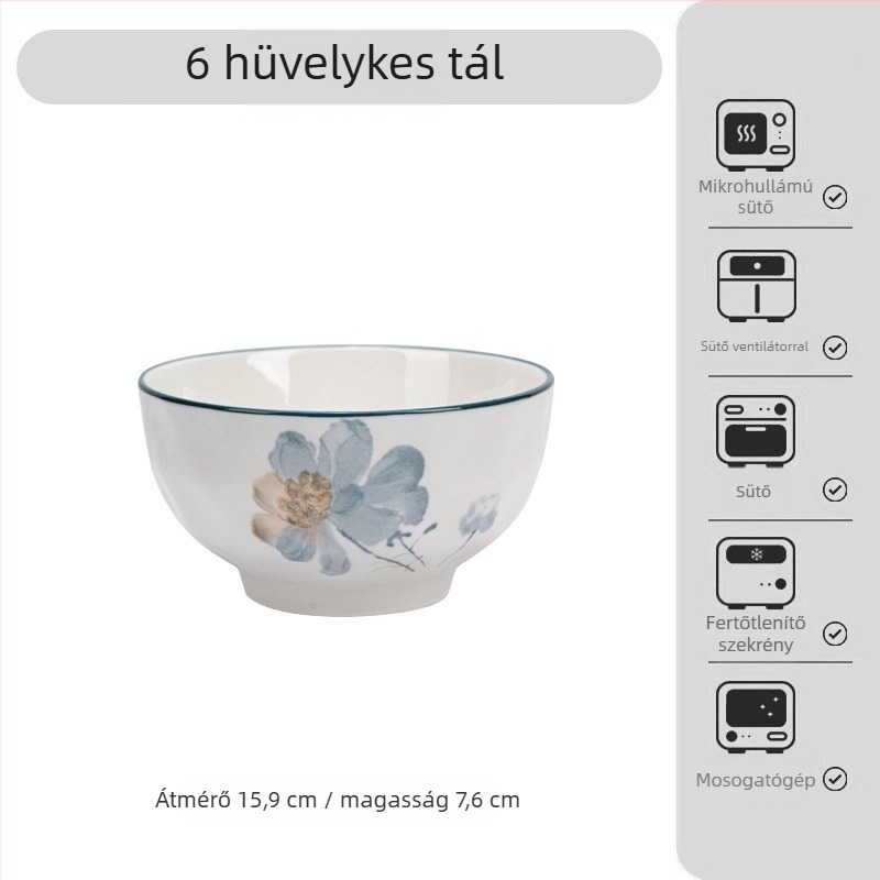 Japán-stílusú alulglazúros porcelán étkészlet virágos mintával – tálak, tányérok és tálkák; porcelán; mikróhullámú sütőben használható