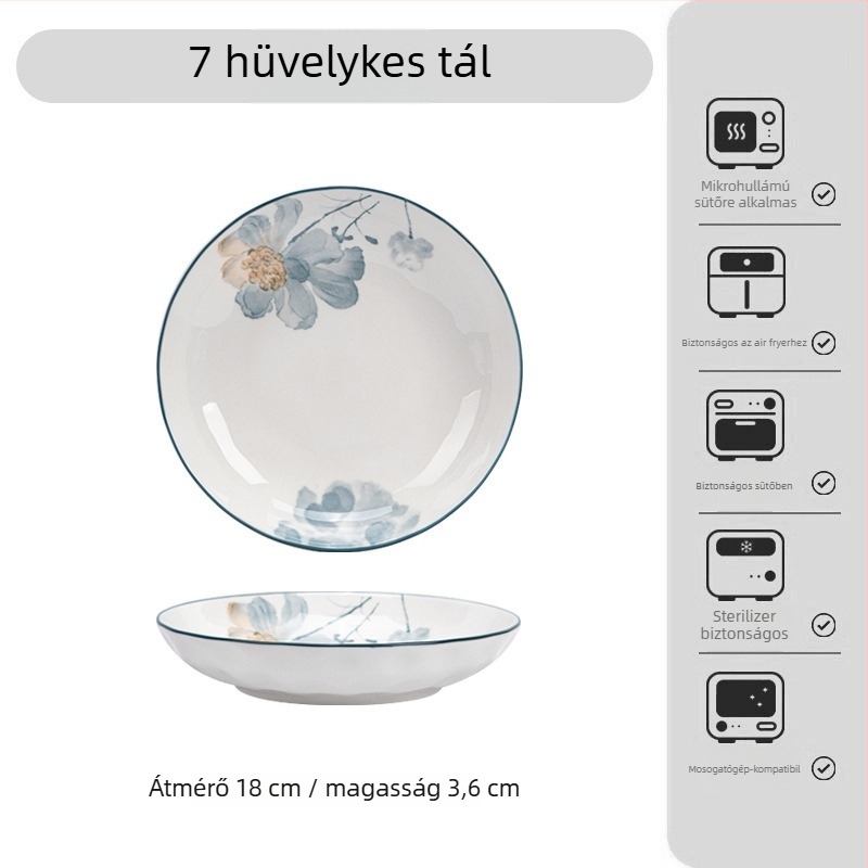 Japán-stílusú alulglazúros porcelán étkészlet virágos mintával – tálak, tányérok és tálkák; porcelán; mikróhullámú sütőben használható