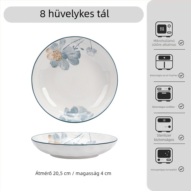 Japán-stílusú alulglazúros porcelán étkészlet virágos mintával – tálak, tányérok és tálkák; porcelán; mikróhullámú sütőben használható