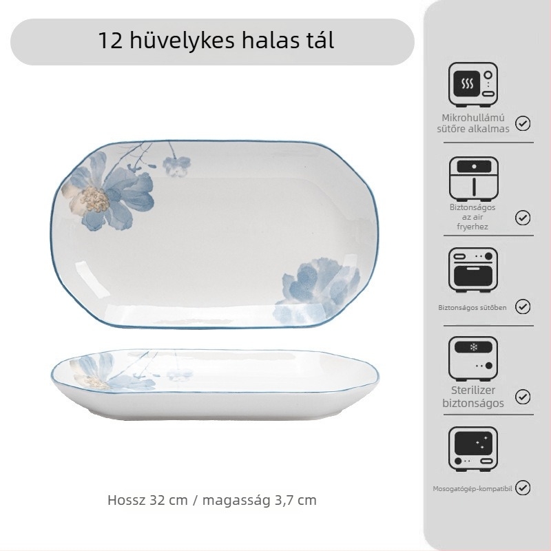 Japán-stílusú alulglazúros porcelán étkészlet virágos mintával – tálak, tányérok és tálkák; porcelán; mikróhullámú sütőben használható