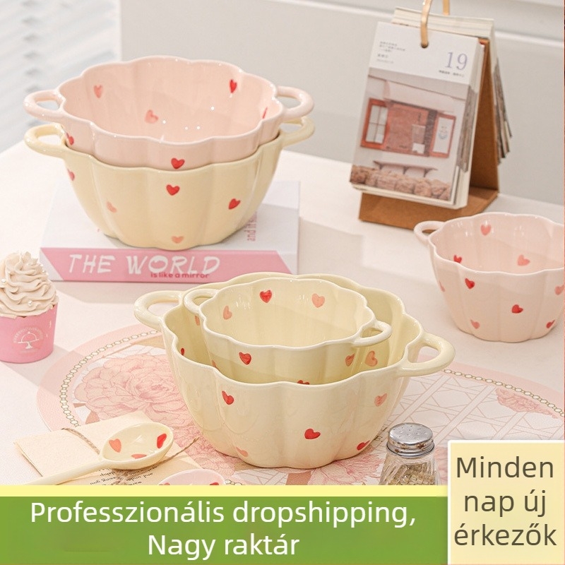 Kerámiából készült tál és kanál készlet, nagy kapacitású, dupla fülű tál, szabálytalan forma, modern letisztult stílus, mikrohullámú sütőben használható