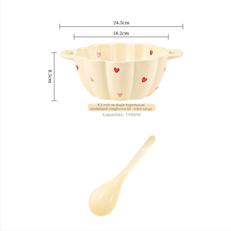 Kerámiából készült tál és kanál készlet, nagy kapacitású, dupla fülű tál, szabálytalan forma, modern letisztult stílus, mikrohullámú sütőben használható