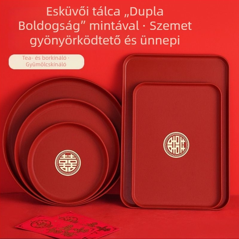 Kerek piros esküvői tea tálca kettős boldogság motívummal, gyümölcs- és édességtál