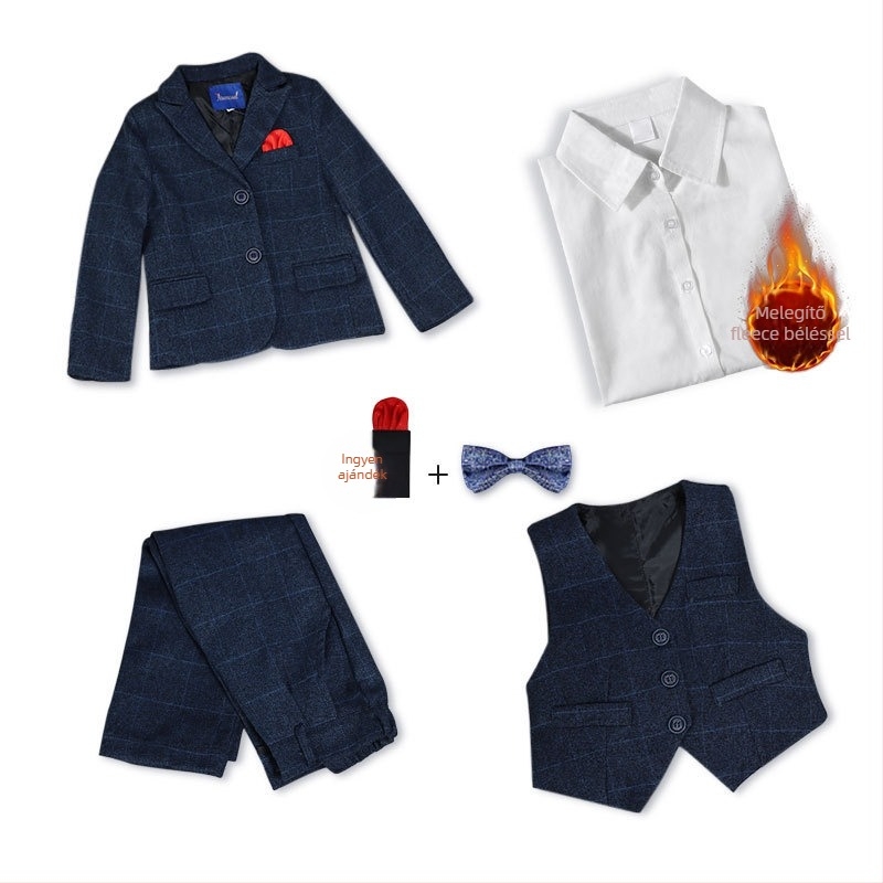 Gyerekeknek szóló brit stílusú öltöny készlet ősz-télre, egyrészes, gombos zakó, fő anyag poliészter 80%, 3–8 éveseknek, őszi kiadás 2025.