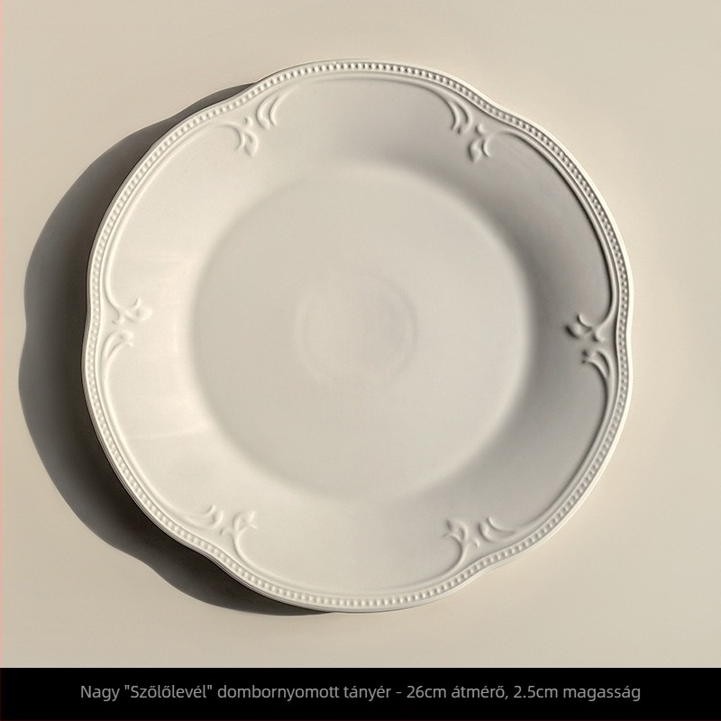 Fehér reliefes kerámiatányér-készlet, 24 cm átmérőjű, kerek, gyümölcs és desszert számára, modern minimalist stílus, mikrohullámú sütőben használható