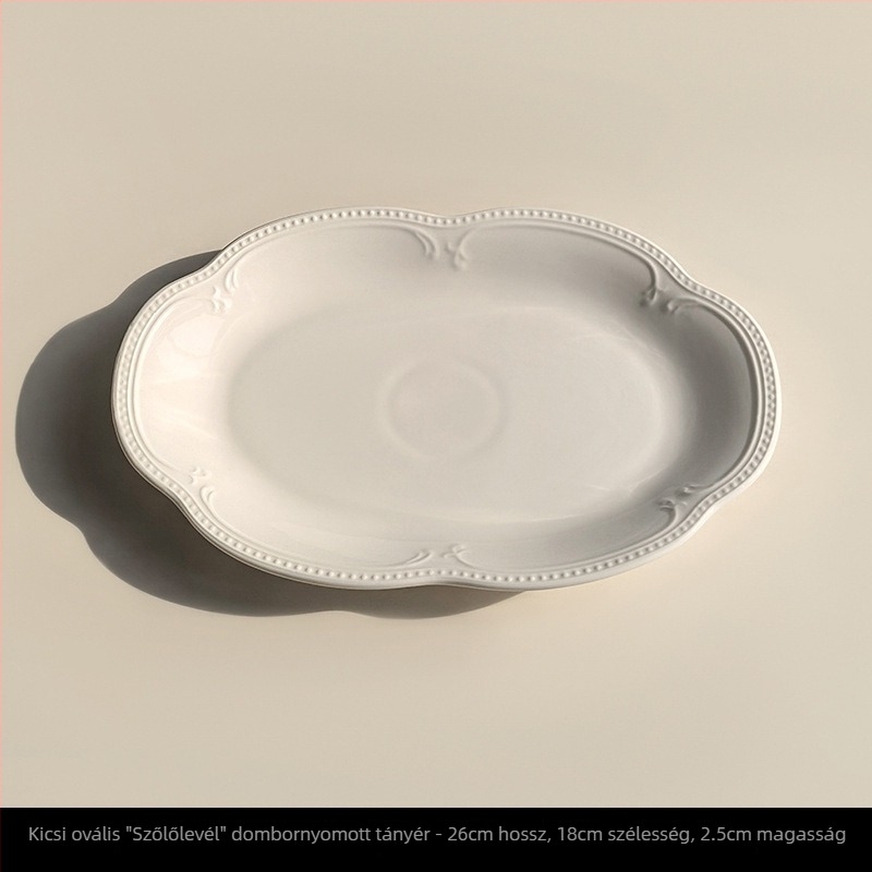 Fehér reliefes kerámiatányér-készlet, 24 cm átmérőjű, kerek, gyümölcs és desszert számára, modern minimalist stílus, mikrohullámú sütőben használható