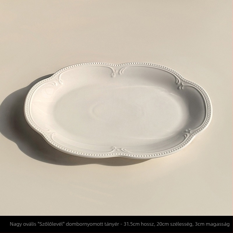 Fehér reliefes kerámiatányér-készlet, 24 cm átmérőjű, kerek, gyümölcs és desszert számára, modern minimalist stílus, mikrohullámú sütőben használható