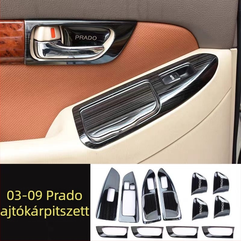 Belső ajtó fogantyú panel – rozsdamentes acél; karcolás- és kopásálló; pozíció: ablak kapcsoló panel; kompatibilis a Toyota Prado LC120; márka Sphoree