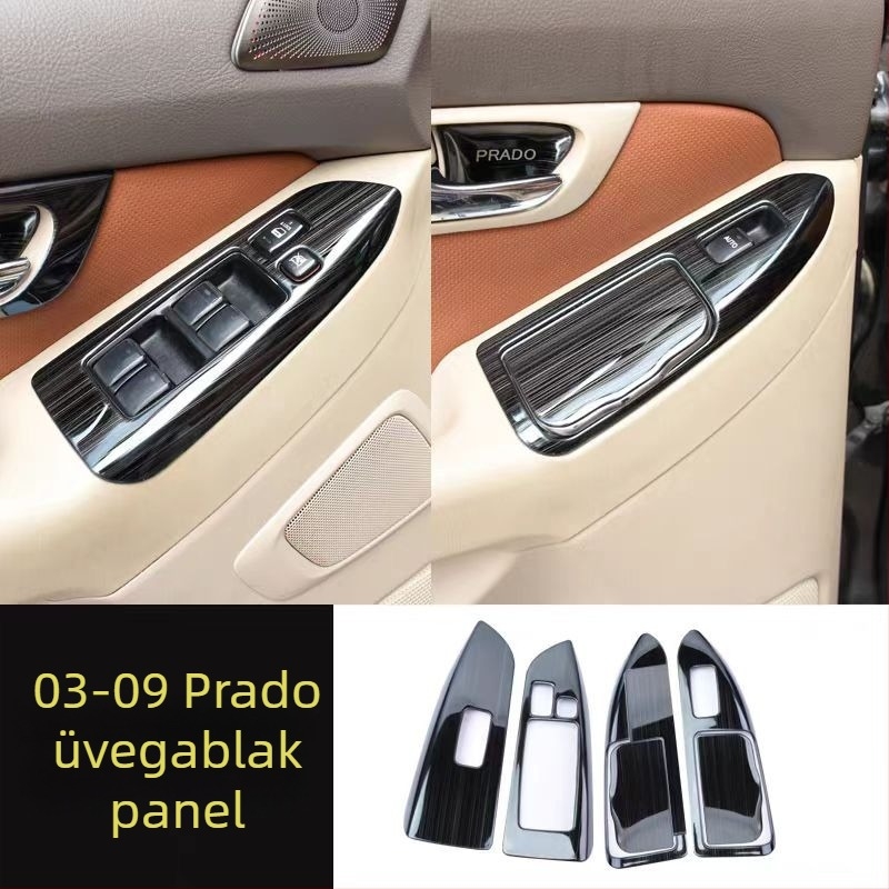 Belső ajtó fogantyú panel – rozsdamentes acél; karcolás- és kopásálló; pozíció: ablak kapcsoló panel; kompatibilis a Toyota Prado LC120; márka Sphoree