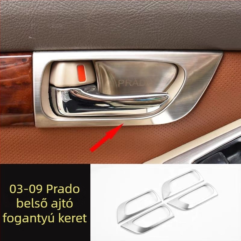 Belső ajtó fogantyú panel – rozsdamentes acél; karcolás- és kopásálló; pozíció: ablak kapcsoló panel; kompatibilis a Toyota Prado LC120; márka Sphoree