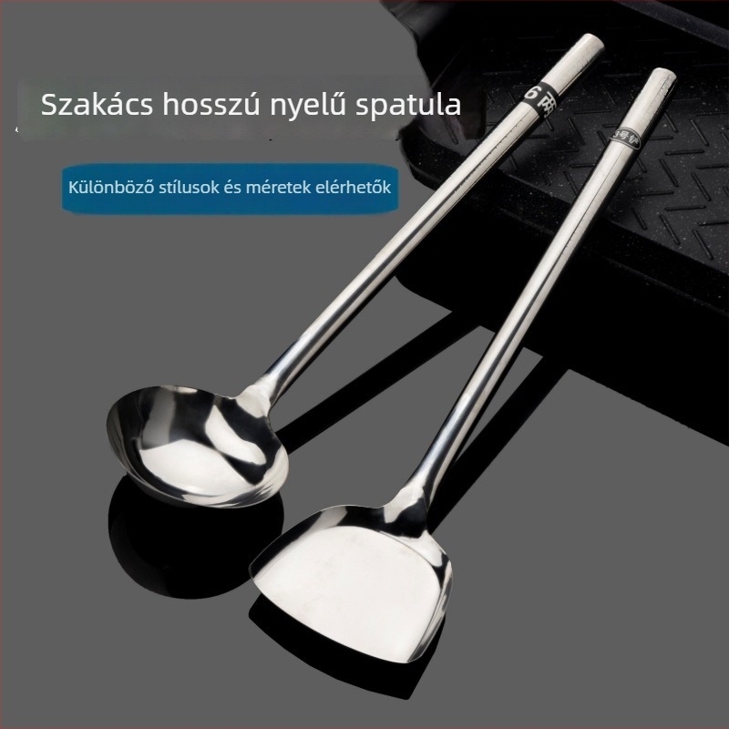 Hosszú fogantyújú rozsdamentes acél kanál és spatula készlet, két darab, tapadásmentes, hőálló