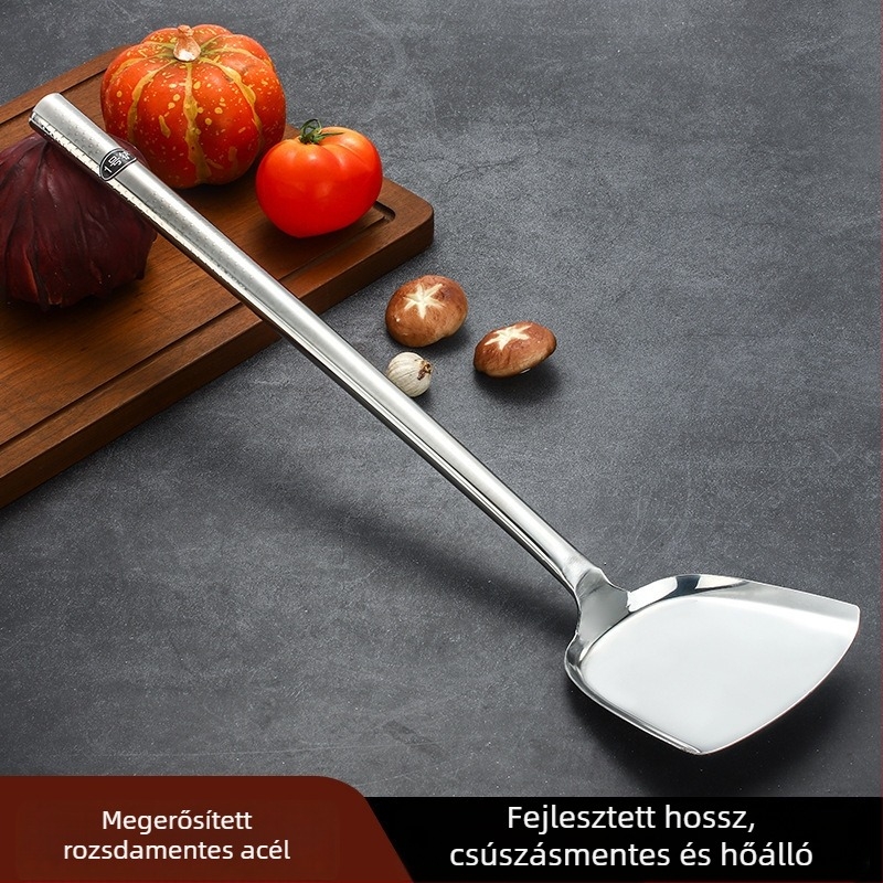 Hosszú fogantyújú rozsdamentes acél kanál és spatula készlet, két darab, tapadásmentes, hőálló