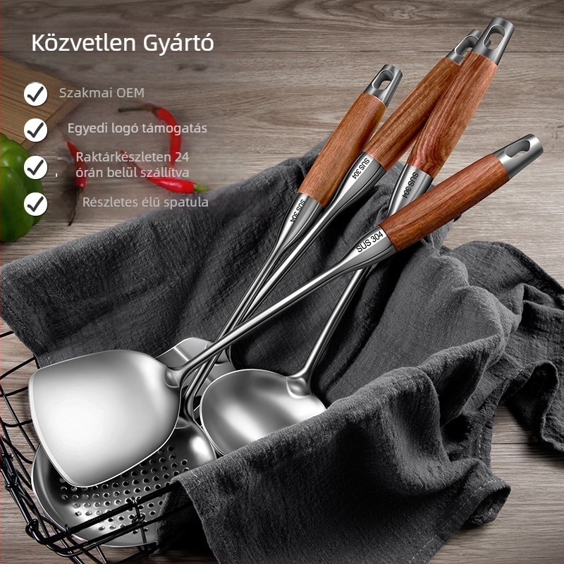 304 rozsdamentes acél spatula fa nyéllel – csúszásmentes, hőálló, égésvédő