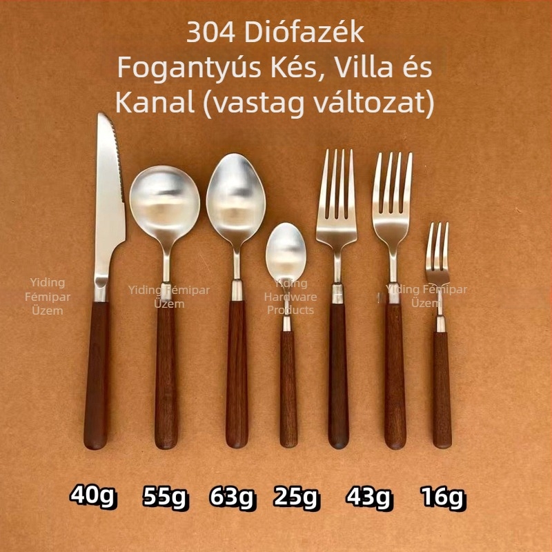 304 rozsdamentes acél evőeszköz készlet diófa nyéllel: kés, villa és kanál, tükörfényes felülettel, kézzel készített