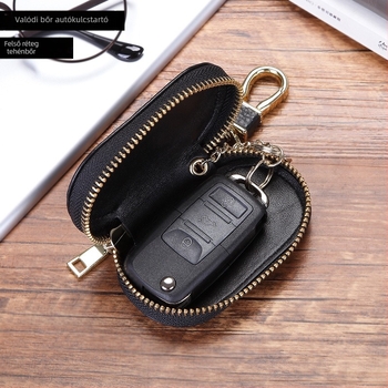 Autókulcs tok, valódi bőrből, első réteg marhabőrből, cipzáros, 1 hajtogatott pénztárca, egyszínű dizájn, Key Bag sorozat, légáteresztő és vízálló
