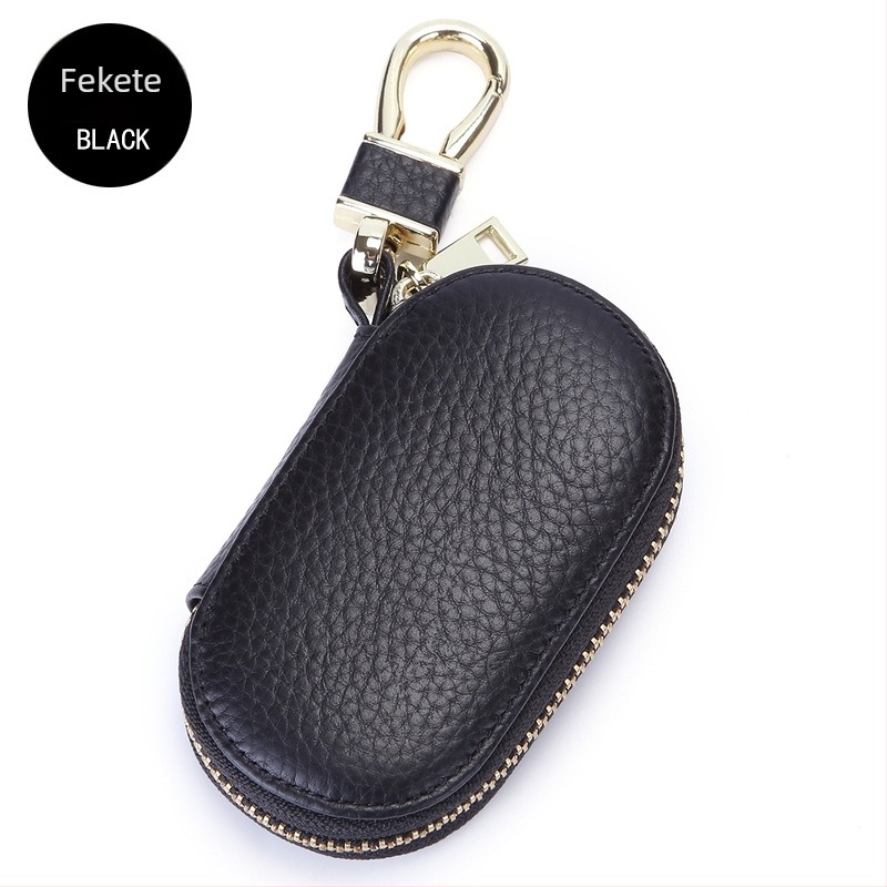 Autókulcs tok, valódi bőrből, első réteg marhabőrből, cipzáros, 1 hajtogatott pénztárca, egyszínű dizájn, Key Bag sorozat, légáteresztő és vízálló