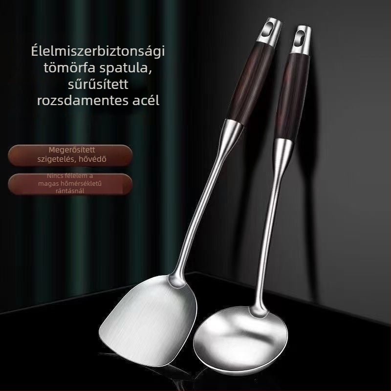Kanál és spatula készlet rozsdamentes acélból, fa fogantyúval – hőálló, csúszásmentes, tartós, többfunkciós, testreszabható