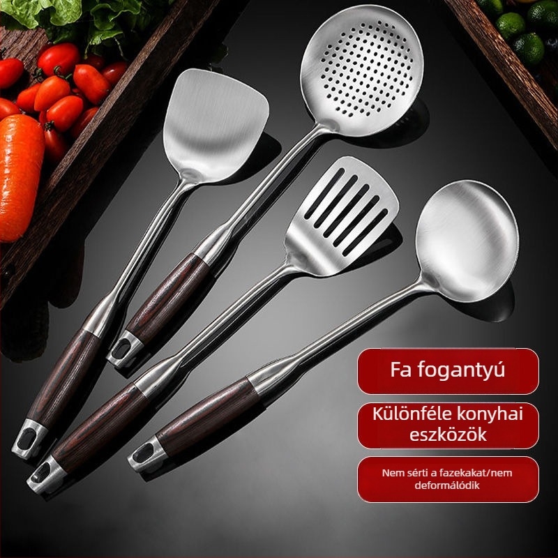 Kanál és spatula készlet rozsdamentes acélból, fa fogantyúval – hőálló, csúszásmentes, tartós, többfunkciós, testreszabható