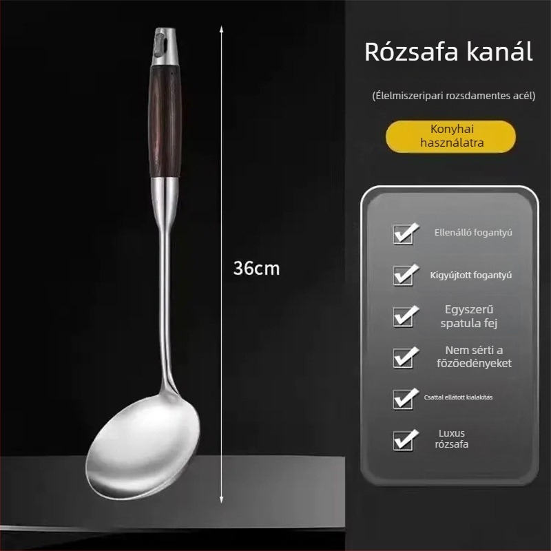 Kanál és spatula készlet rozsdamentes acélból, fa fogantyúval – hőálló, csúszásmentes, tartós, többfunkciós, testreszabható