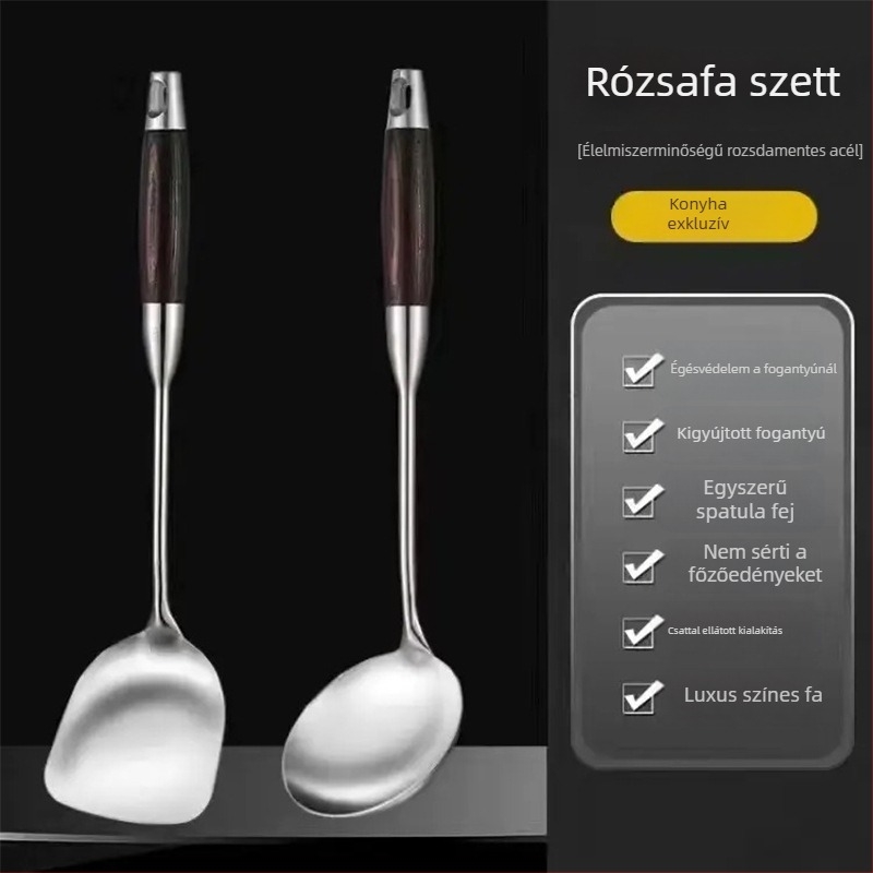 Kanál és spatula készlet rozsdamentes acélból, fa fogantyúval – hőálló, csúszásmentes, tartós, többfunkciós, testreszabható