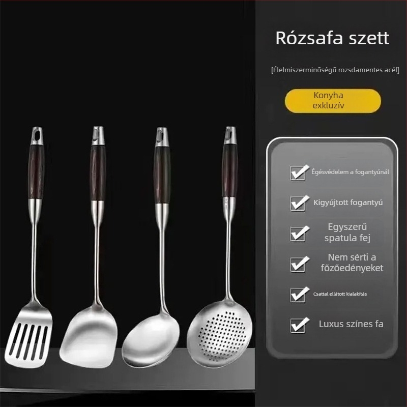 Kanál és spatula készlet rozsdamentes acélból, fa fogantyúval – hőálló, csúszásmentes, tartós, többfunkciós, testreszabható