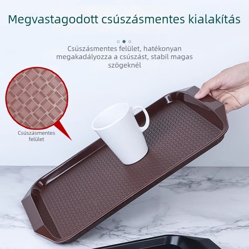 Műanyag téglalap alakú tálca tálaláshoz, csúszásmentes, mikrohullámú sütőben használható, logó nyomtatásának lehetősége, szállodák és éttermek számára