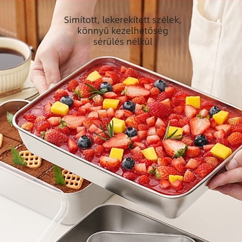 Rozsdamentes acél tiramisú forma négyzetes tálcával, vastagított dizájnnal, mousse tartóval és fedővel otthoni sütéshez