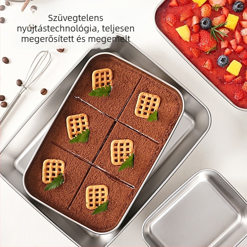 Rozsdamentes acél tiramisú forma négyzetes tálcával, vastagított dizájnnal, mousse tartóval és fedővel otthoni sütéshez