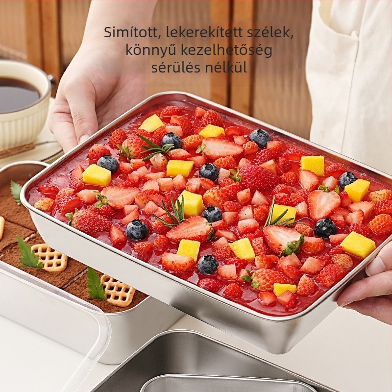 Rozsdamentes acél tiramisú forma négyzetes tálcával, vastagított dizájnnal, mousse tartóval és fedővel otthoni sütéshez