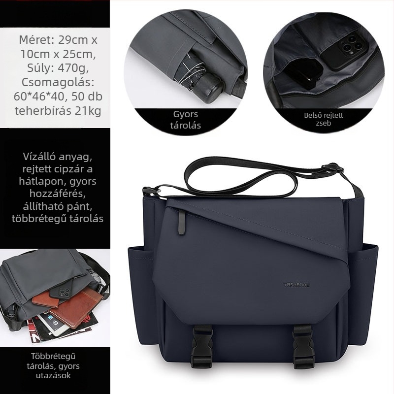 Férfi keresztpántos oldaltáska utcai stílusban, nylon anyagból, vízálló, ultrakönnyű, 11 hüvelykes laptop befogadható