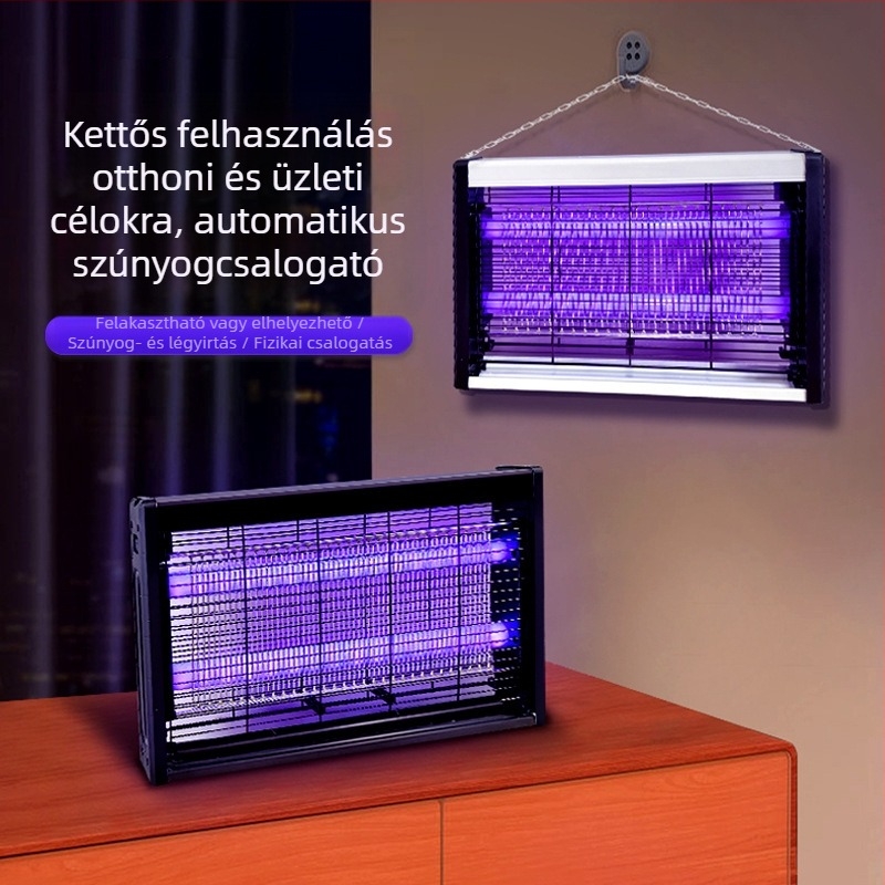 Lila fényű elektromos szúnyogirtó lámpa éttermek és szállodák számára, magasfeszültségű, biztonságos és csendes, beltéri kereskedelmi helyiségekhez.