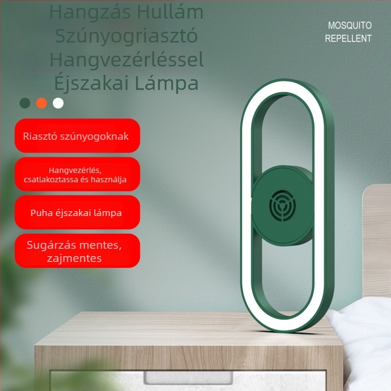 Intelligens hangvezérléses ultrahangos szúnyogriasztó éjszakai lámpa – hálózati táplálás, 10 m² lefedettség, LED, ABS ház, akkumulátor nélkül