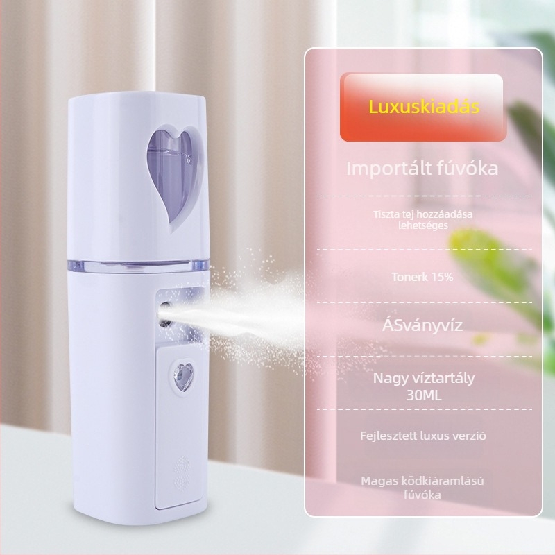 Kézben tartott hidratáló permetező készülék – hideg permet, nano köd, beépített 300–500 mAh akkumulátor, permetezési idő max. 10 s, 1. fokozat