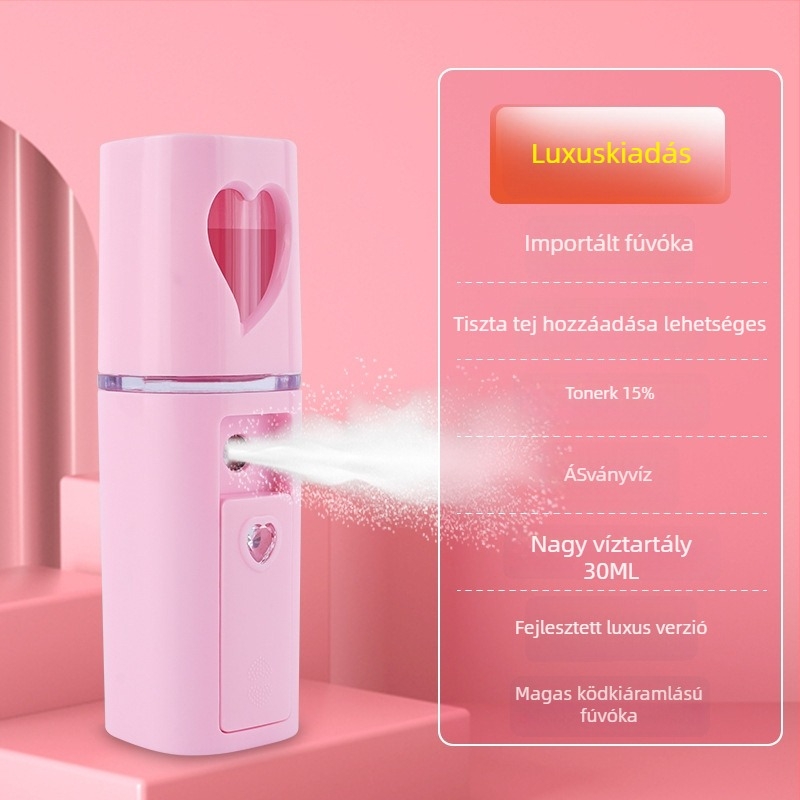 Kézben tartott hidratáló permetező készülék – hideg permet, nano köd, beépített 300–500 mAh akkumulátor, permetezési idő max. 10 s, 1. fokozat